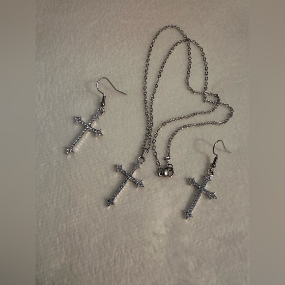 Silver Tone Crystal Cross Pendant Necklace & Drop Dangle Earrings Set - Picture 8 of 11